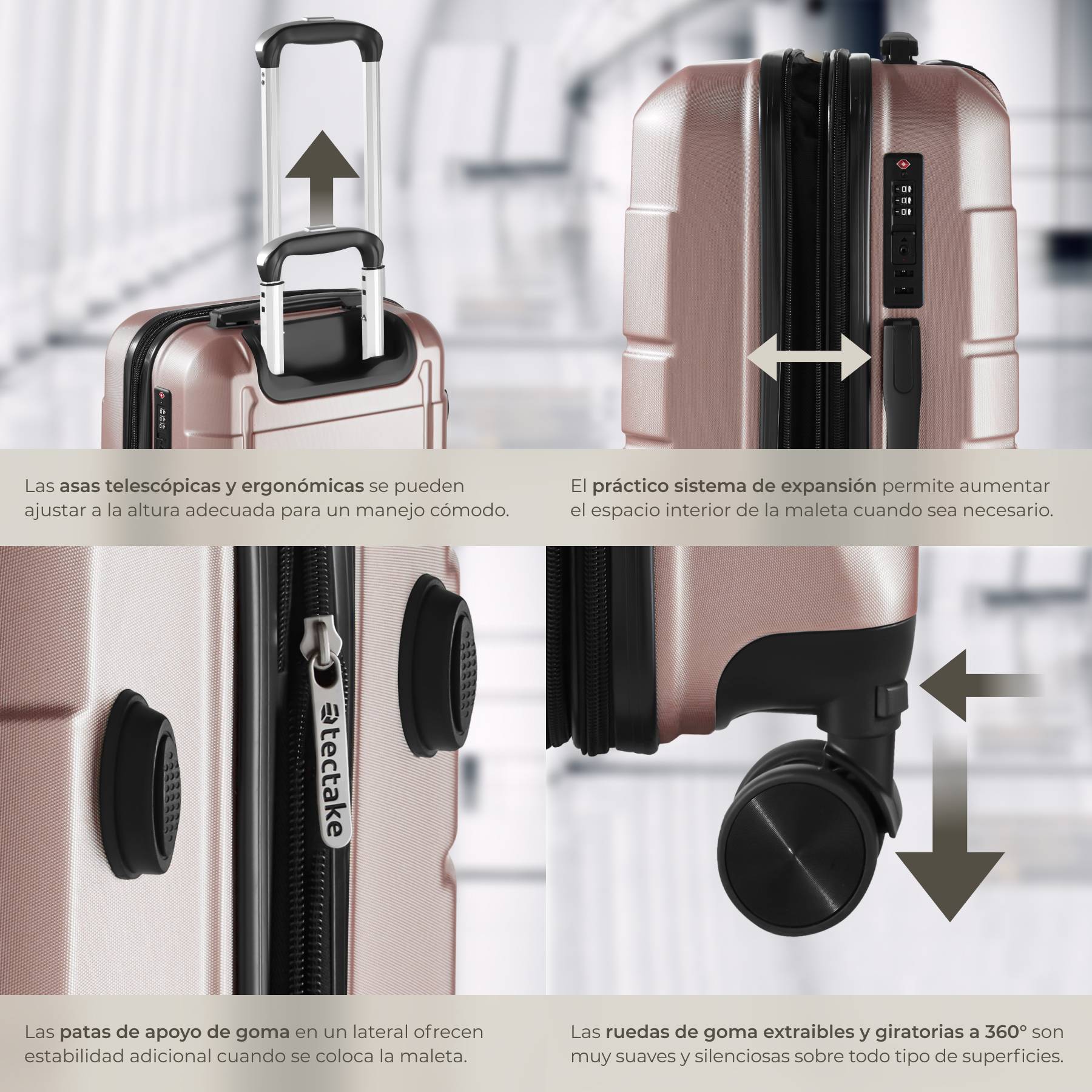 tectake Juego de 3 maletas con báscula integrada, 3 etiquetas y asas ergonómicas ajustables, champán tectake Juego de 3 maletas con báscula integrada, 3 etiquetas y asas ergonómicas ajustables, champán