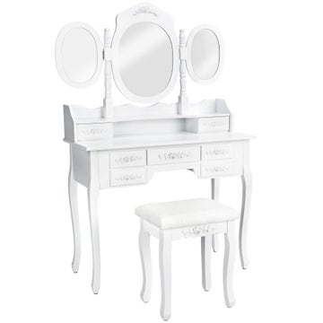 Dressing table with 7 drawers, mirror and stool in an antique look