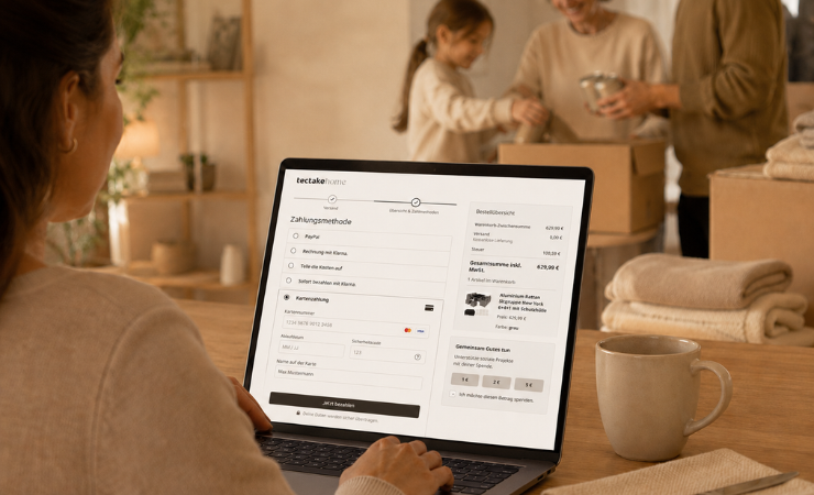 Opción de donación «Adyen Giving» en el proceso de pago de tectake Una clienta realiza una donación en la caja de tectake a través de Adyen Giving