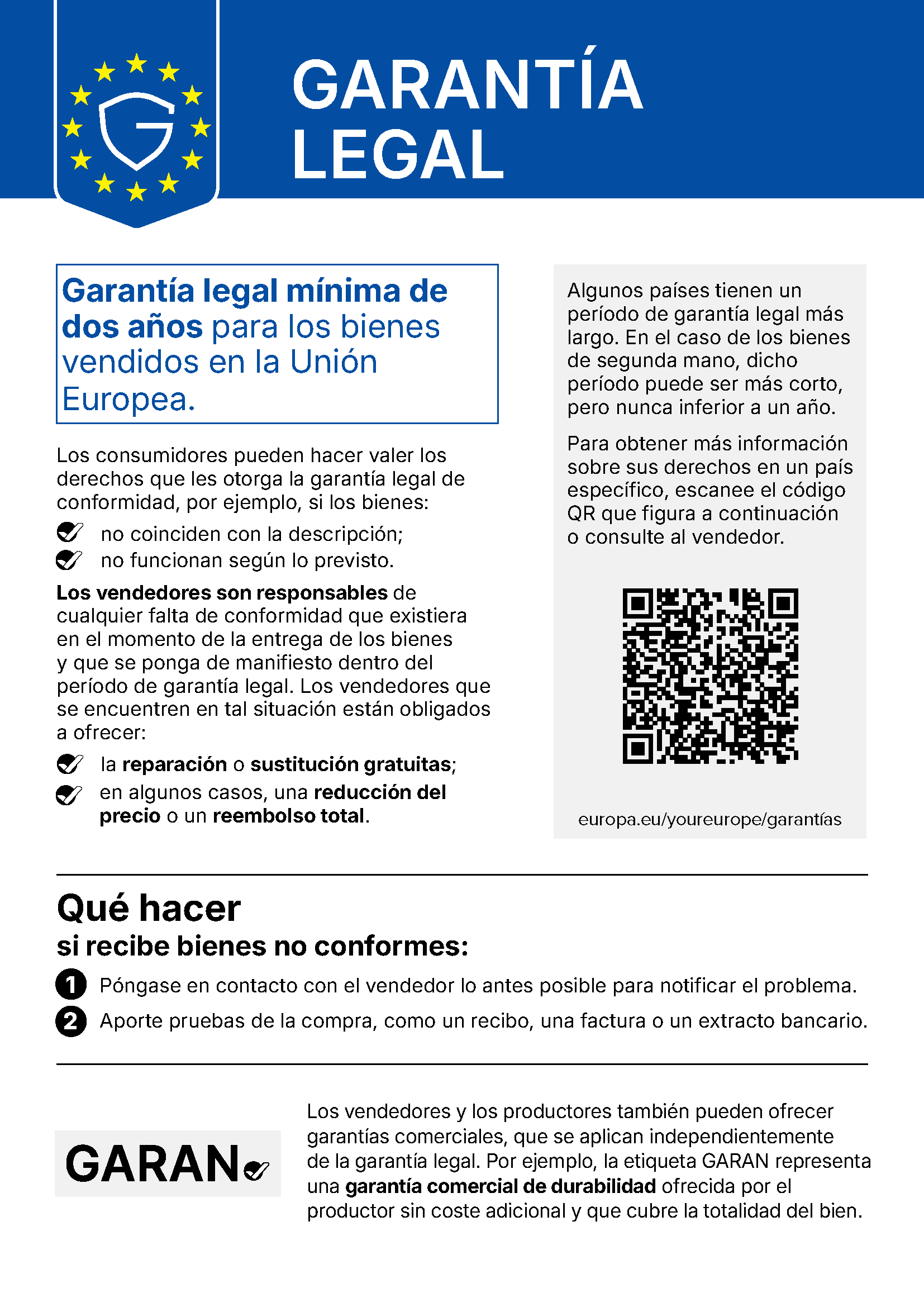 Garantía legal: derechos de los consumidores en la UE Aviso de la UE sobre la garantía legal con los derechos de los consumidores y código QR