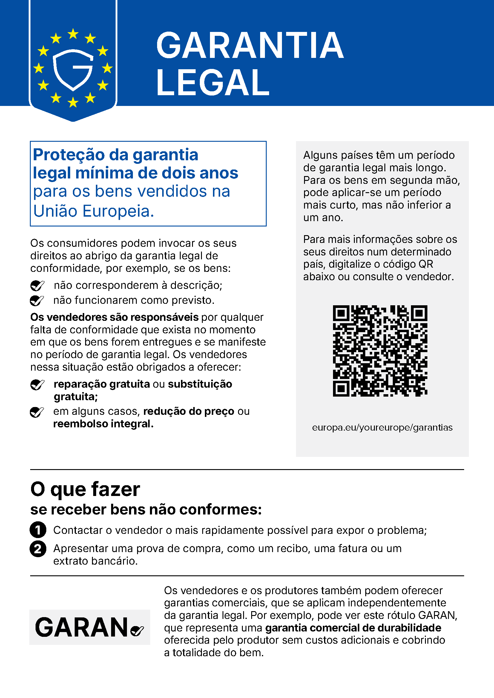 Garantia legal – Direitos do consumidor na UE Aviso da UE sobre a garantia legal, com os direitos do consumidor e código QR