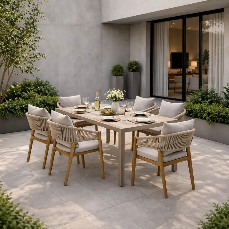 Mesa de madera con seis sillas de mimbre trenzado en una terraza luminosa y moderna.