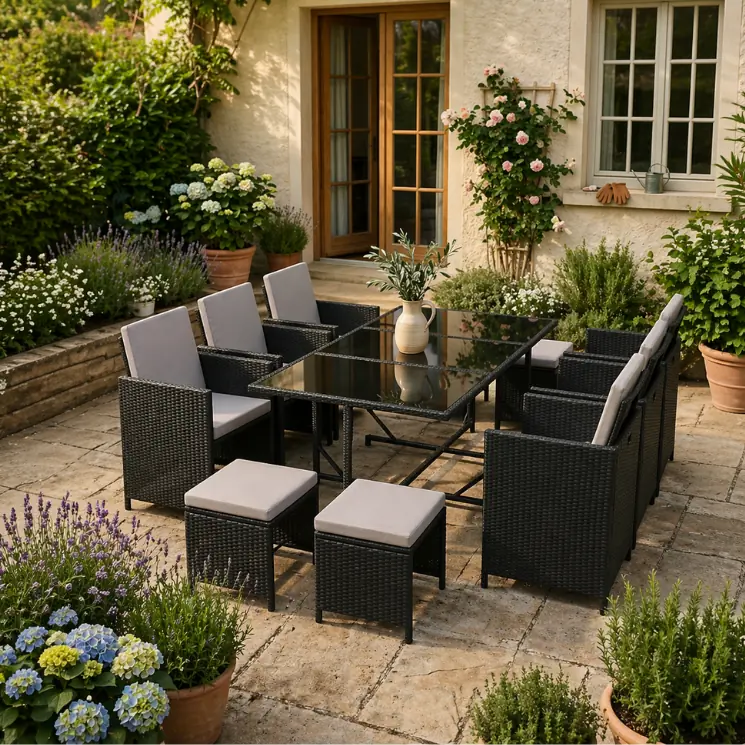 Conjunto de comedor de polirratán negro con tablero de cristal y taburetes en un jardín idílico.