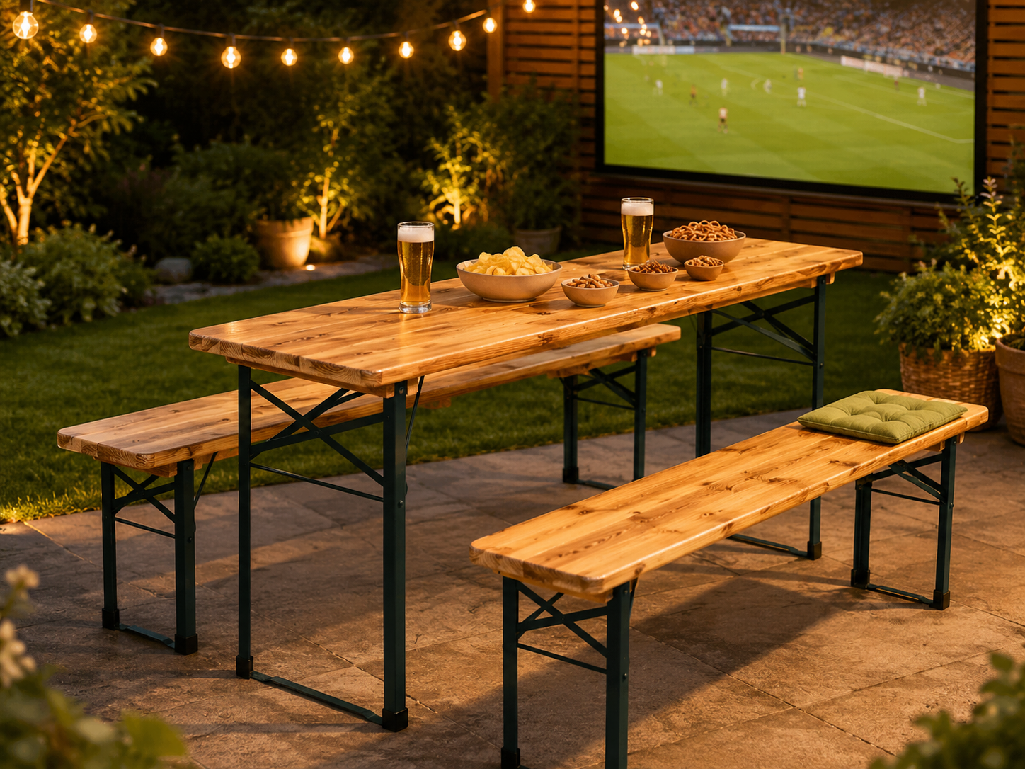 Conjunto de mesa y bancos de cervecería en una zona exterior veraniega