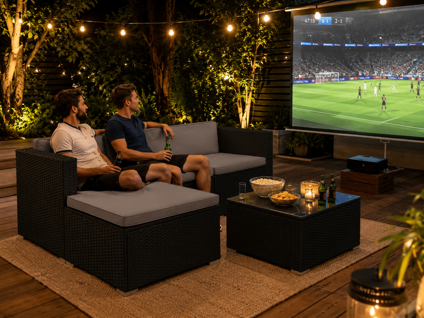 Conjunto lounge y zona de asiento en un jardín veraniego