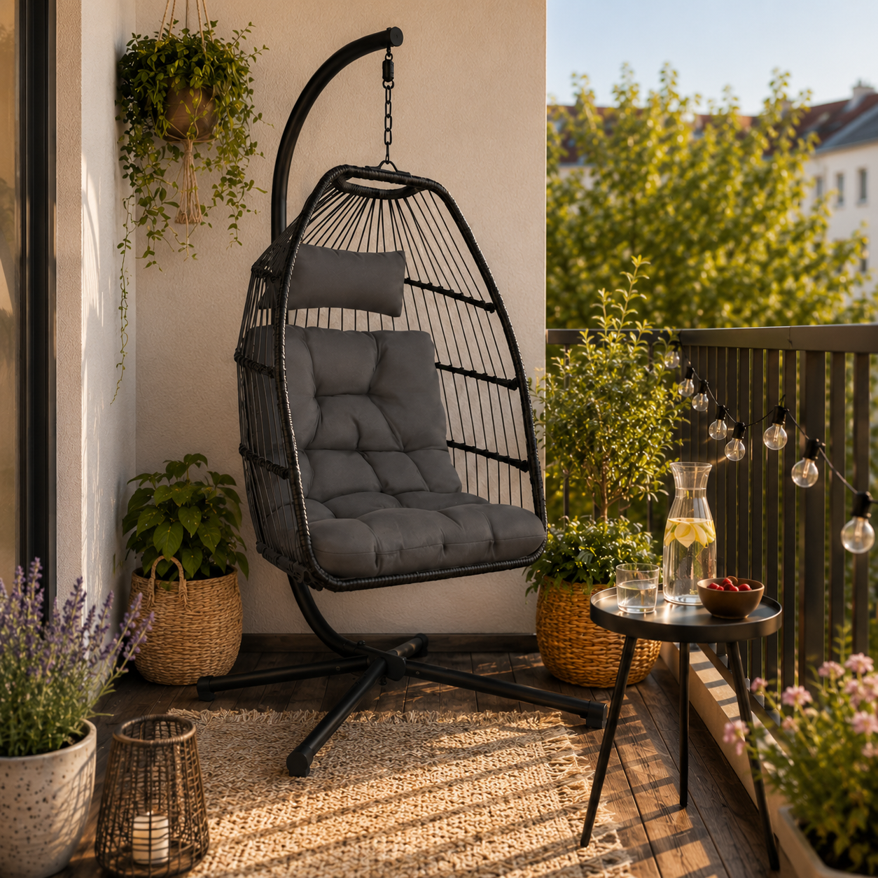 Sillón colgante negro con cojín en un balcón acogedor