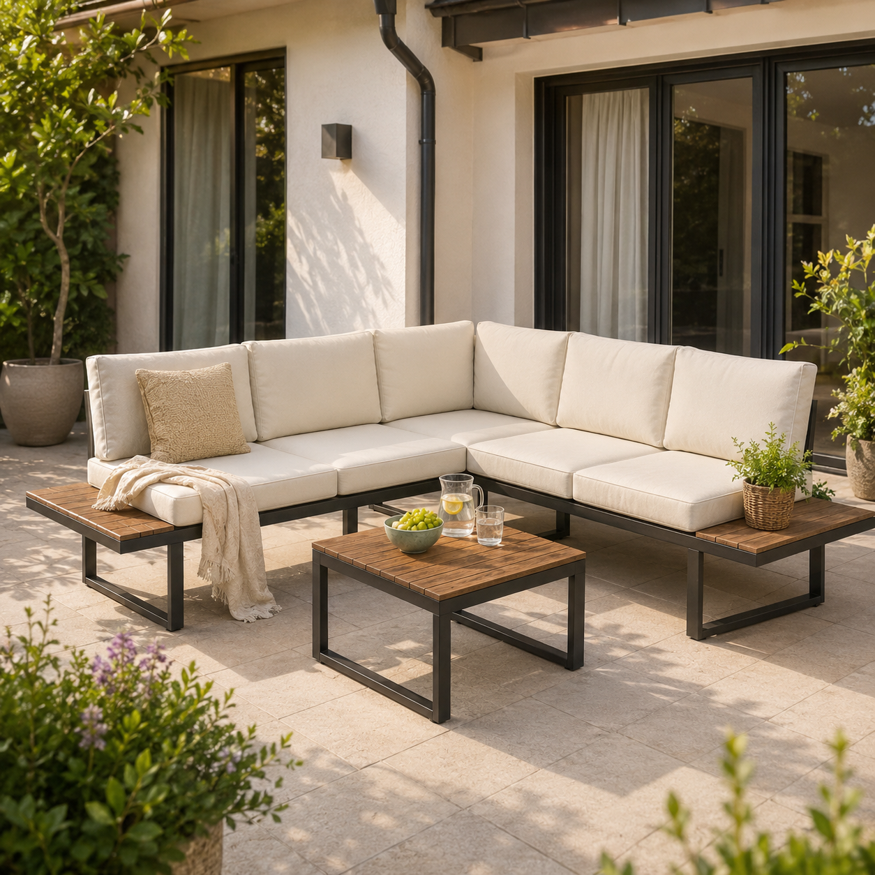 Lounge de jardín clara con mesa de centro en una terraza soleada