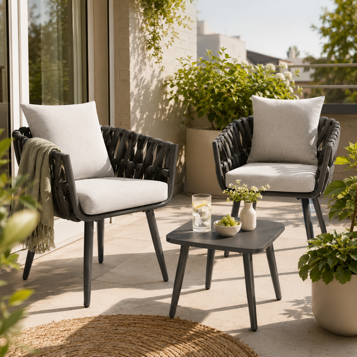 Dos sillas de jardín negras con cojines claros y mesa auxiliar