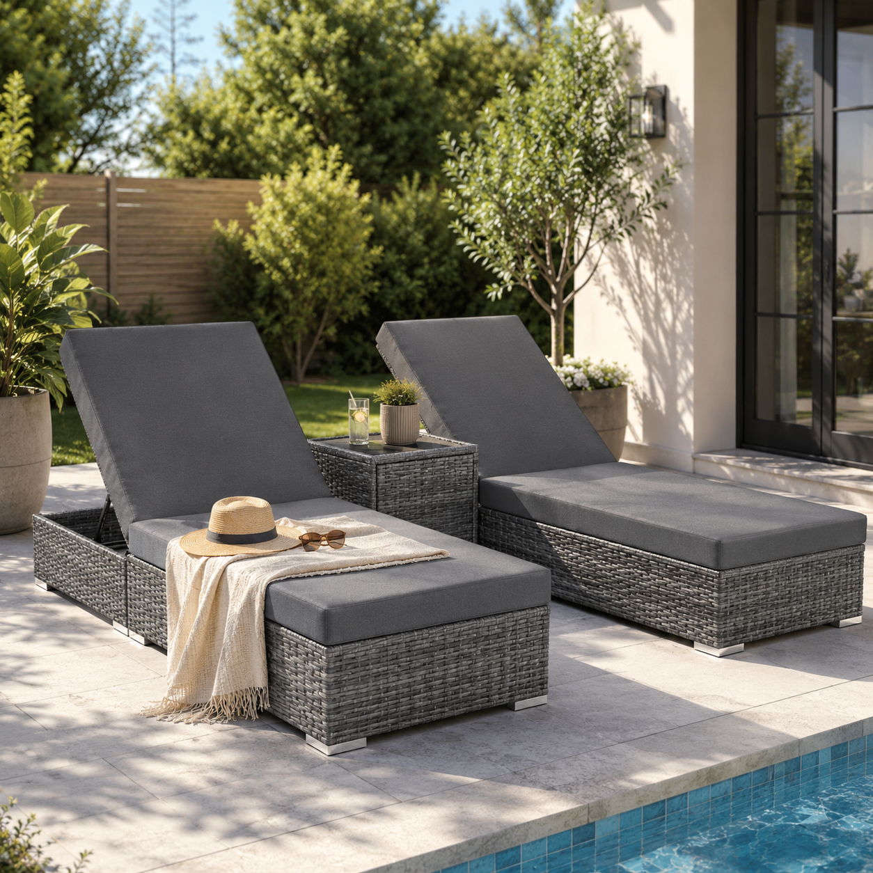 Dos tumbonas grises con mesa junto a la piscina en una terraza moderna