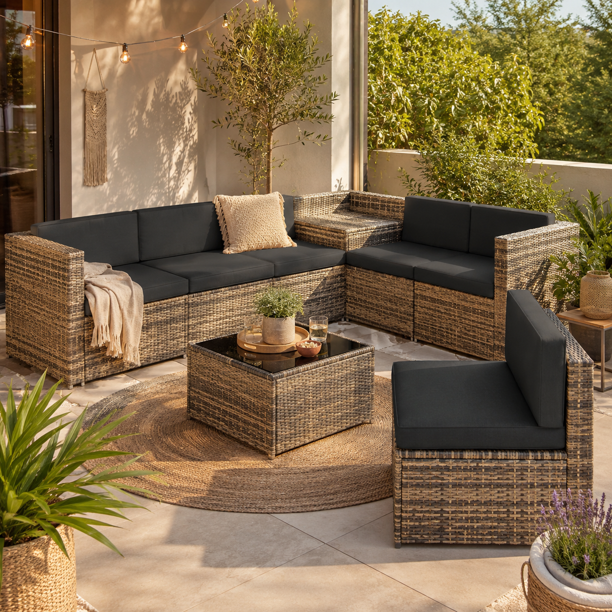 Lounge de ratán con mesa y cojines grises en una terraza