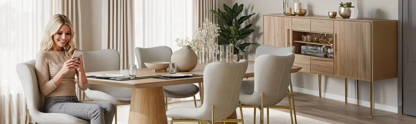 Comedor moderno con sillas tapizadas en tono claro, mesa de madera y mujer sonriendo mientras usa el m&oacute;vil