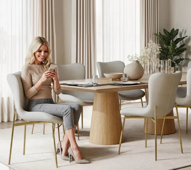 Comedor moderno con sillas tapizadas en tono claro, mesa de madera y mujer sonriendo mientras usa el m&oacute;vil