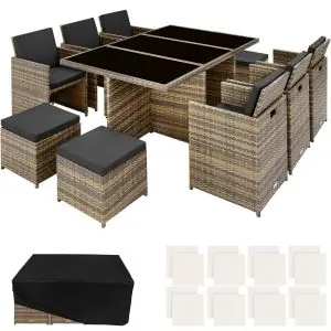 Conjunto de muebles de jard&iacute;n de aluminio y rat&aacute;n &laquo;New York&raquo; 6+4+1 con funda protectora