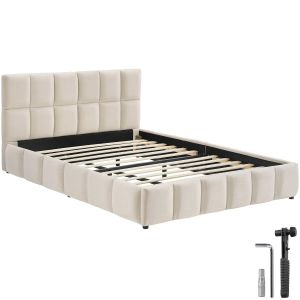 Cama estofada Shirley com base de ripas, capacidade de carga de 250 kg
