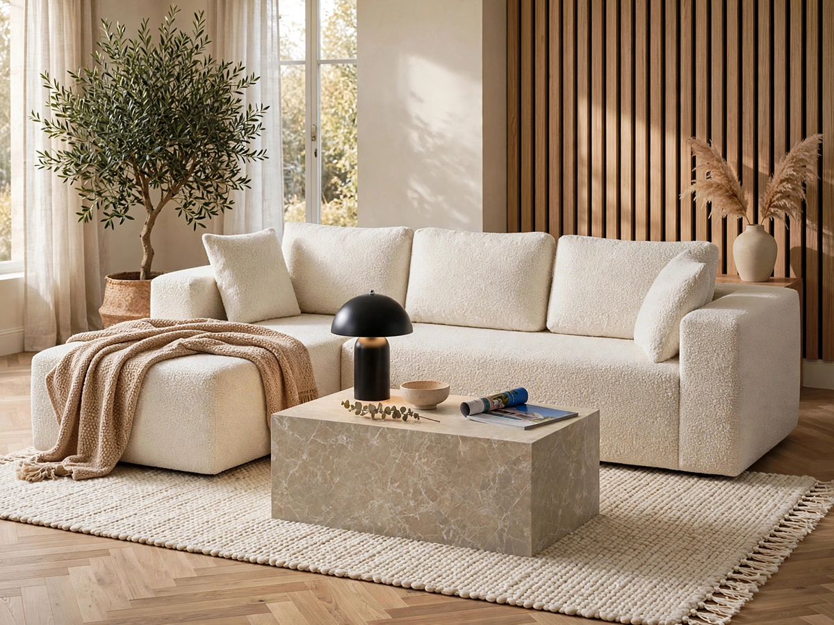 Salón moderno con sofá de colores claros, mesa de centro