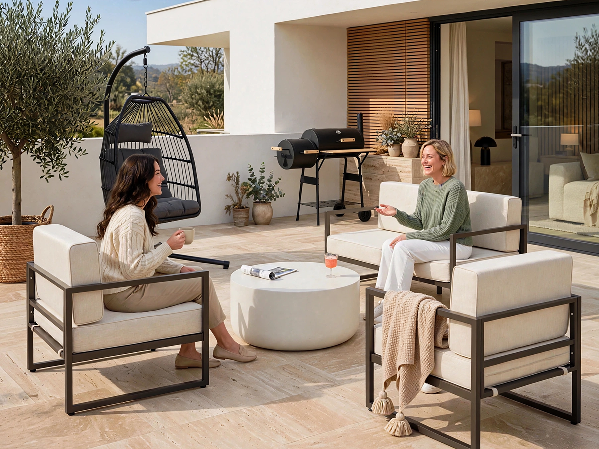 Terraza moderna con muebles de jardín, hamaca y barbacoa