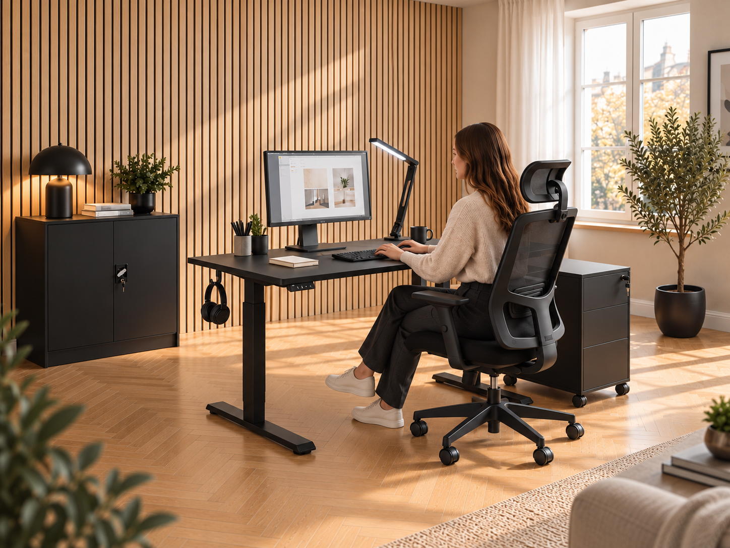 Oficina en casa moderna con escritorio, silla de oficina y almacenaje negro.